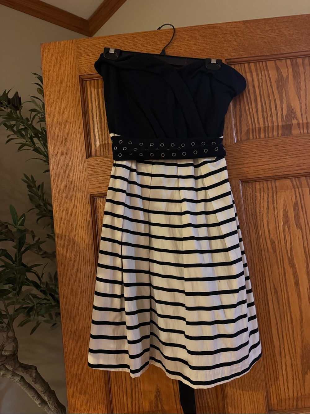 Eva Franco Black and White Striped Strapless Dress with Eyelet Waist